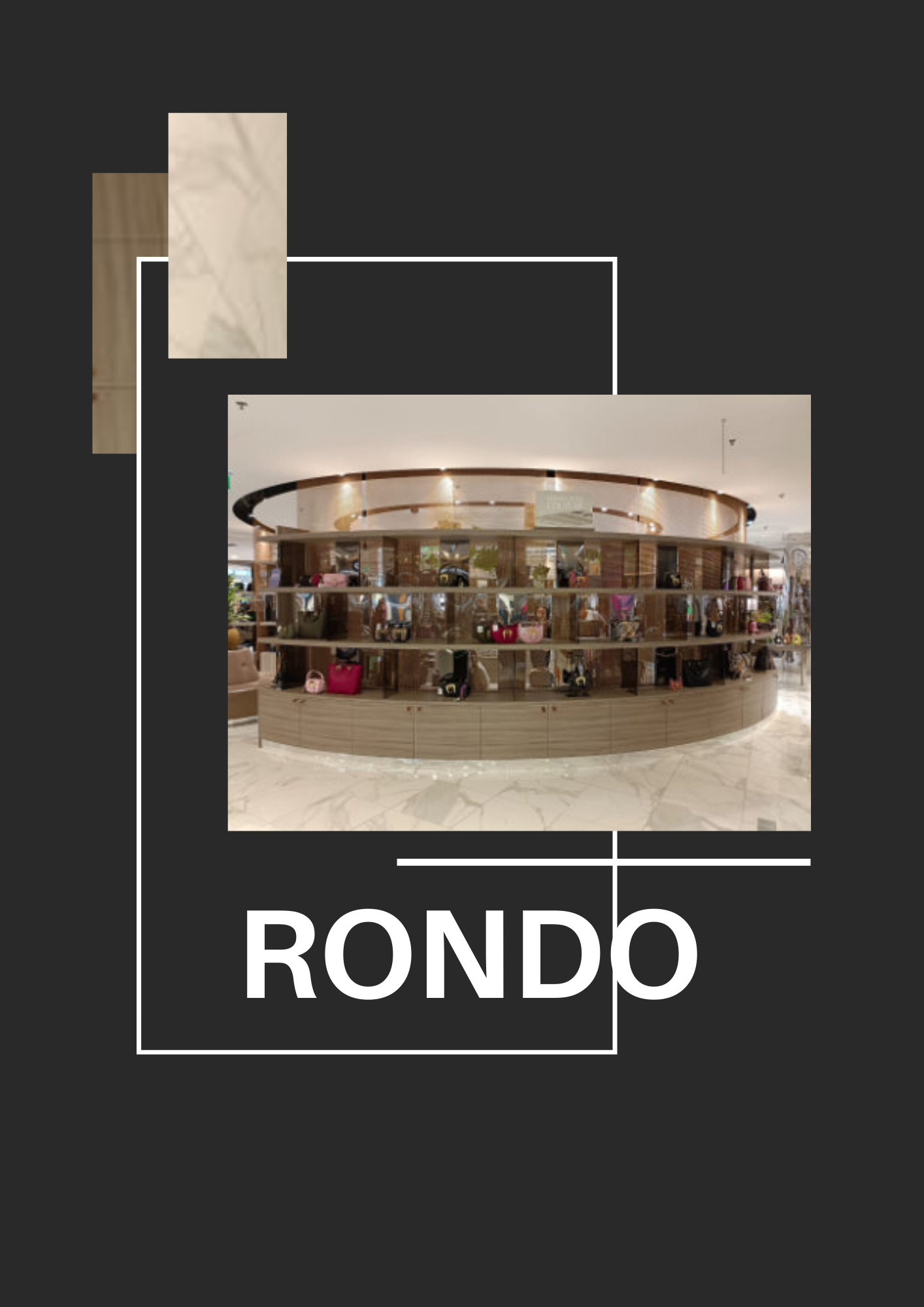 Der RONDO Designer-Showroom im Einkaufszentrum präsentiert eine exquisite Auswahl an Accessoires und Taschen, umgeben von einer eleganten, kreisförmigen form, die den Blick auf das stilvolle Interieur freigibt.